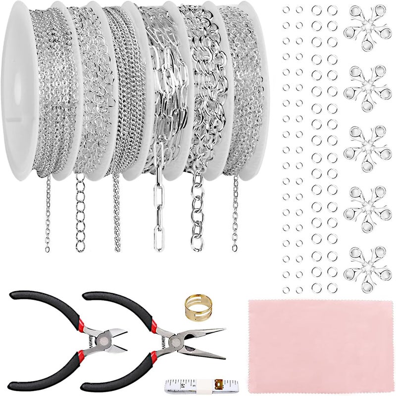 Fesorsi Silver Necklace Chain for Jewelry Making, 46ft 6 Style Rolled Steel DIY Jewelry Chain Roll Bracelet Bulk Link Plated Permanent for Earring Anklet Craft with Jump Ring, Lobster Clasp, Pliers - Image 1